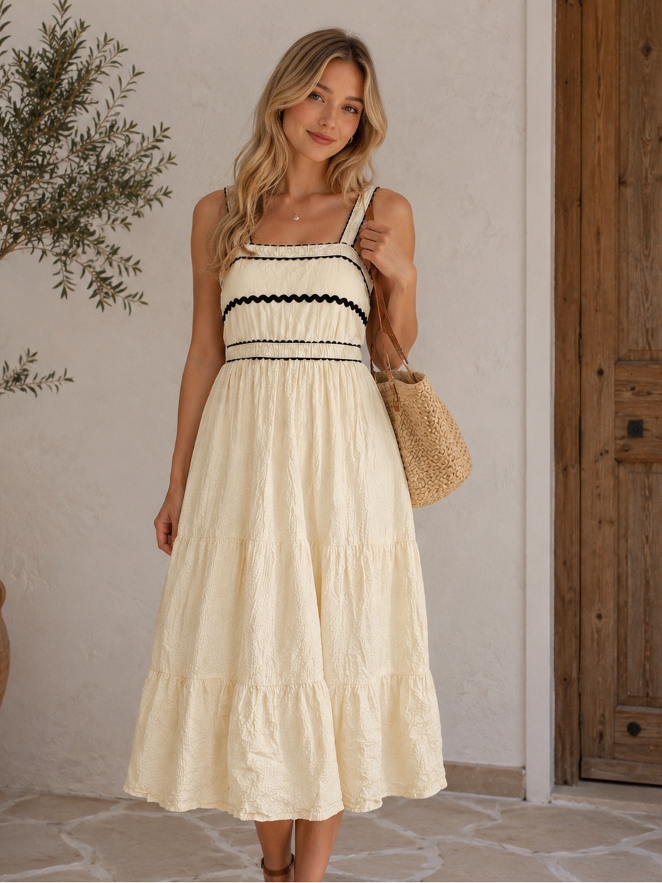 Cream Midi Sundress With Black Trim And Smocked Bodice